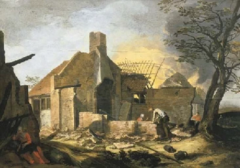 Un paesaggio con fabbricati agricoli in fiamme